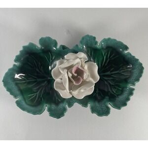 Vintage USA Pottery Leaf and Rose Divided Dish Mid Century‎ Trinket Bowl